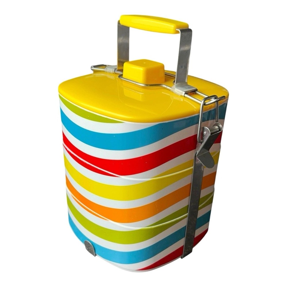Vintage Bento Lunch Box Multicolor Wave Pattern Picnic Box 3 Trays Metal Handle